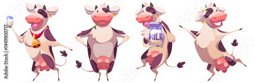Cow funny mascot character poses - spotted farm animal holds milk jar and glass, dances joyfully, standing hoofs to sides. Humorous cattle cartoon design elements, friendly dairy advertising stickers.