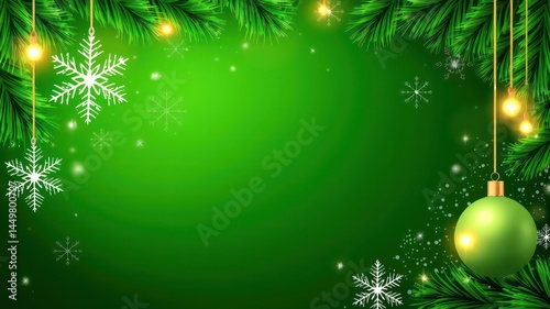  Festive Green Holiday Background with Ornaments and Snowflakes