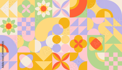 Geometric pattern tile set - abstract mosaic of colorful Bauhaus style shapes. Circles and squares, triangles and flowers form seamless background swatches. Vibrant decorative element for fabric.