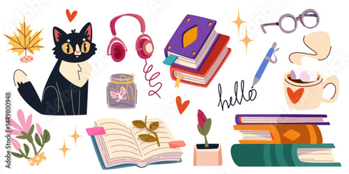 Book cartoon pile set - adorable black cat, stacks of colorful literature, open pages and leaves, headphones and eyeglasses, cup of hot chocolate. Doodle collection for reading, learning and relaxing