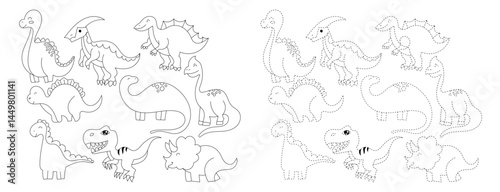 Set of dinosaurus doodles element design. trace,line, dot, presschool education kids, coloring book