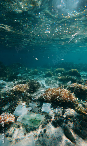 Oceanic distress submerged seascape reveals plastic pollution amidst fragile coral ecosystems highlighting environmental challenges