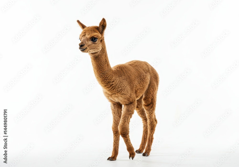 Fototapeta premium Young brown alpaca standing on a white background, looking to the left with soft, curly fleece