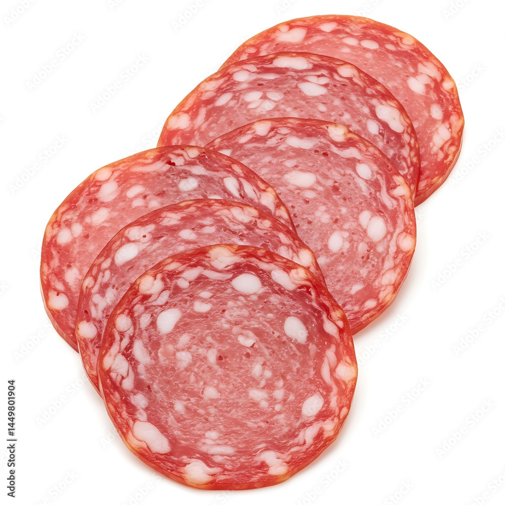 Pile of salami slices arranged neatly on a plain surface isolated on white background Pile of salami slices arranged neatly on a plain surface isolated on white background