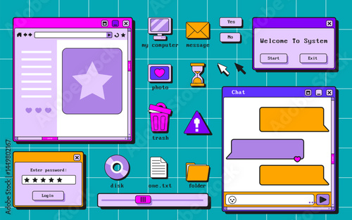 Retro user interface windows set - login form, welcome screen, chat box, message dialogs and folder icons. Vibrant pink purple color scheme buttons, frames and blocks. Old school design elements.