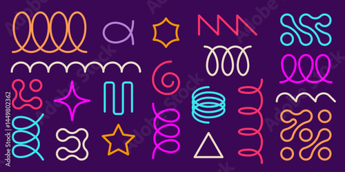 Neon color spring coil shapes set isolated on background. Vector illustration of thin spiral doodle, oval loop, zigzag line, abstract metaball, flexible coil elements for design, squiggles collection