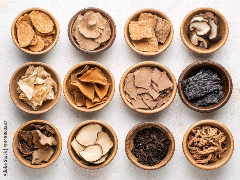 Fototapeta premium Assorted Dried Ingredients for Cooking in Wooden Bowls on a Light Background for Culinary Creations