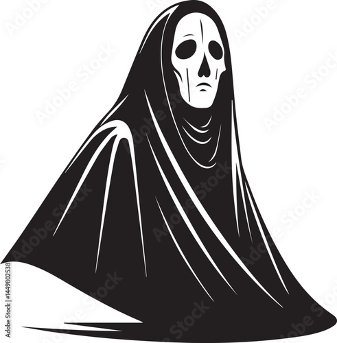Black and white minimalist illustration of a grim reaper in a dynamic pose with tattered cloak and skeletal face, set against a plain white background
