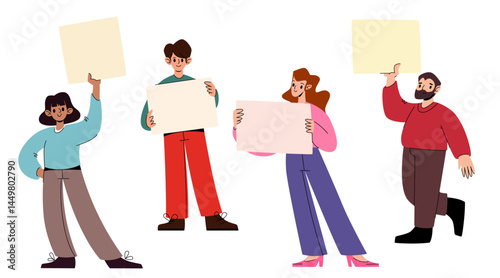 Diverse protest people set holding blank placards - multiethnic group characters collection demonstrating carrying empty signs. Political activists men women concept illustration, social movement.