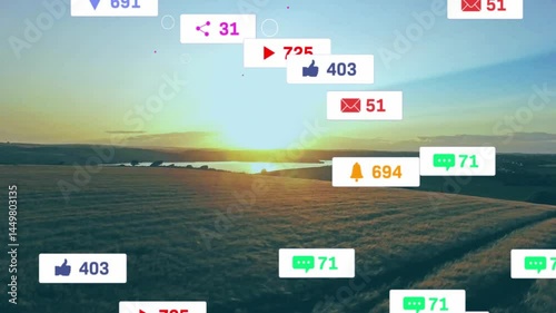 3D render of golden crop field stretching toward sunset with floating social media icons