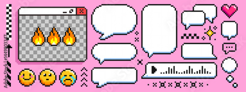 Pixel speech bubble set - retro 8 bit style chat box shapes and emoticon icons on pink. Square text boxes, round talk bubbles, fire flames, sparkles and hearts. Cute nostalgic 90s interface elements