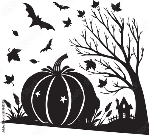 A playful Halloween silhouette featuring a large pumpkin with two stars, surrounded by bats, a leafless tree, and a small house with a fence in a spooky setting