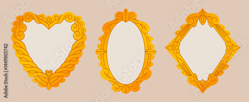 Antique mirror borders - heart, oval and diamond frames with delicate curls, floral motifs, elaborate scrollwork. Vintage hand looking glass, wall speculum, retro graphic decorative elements.