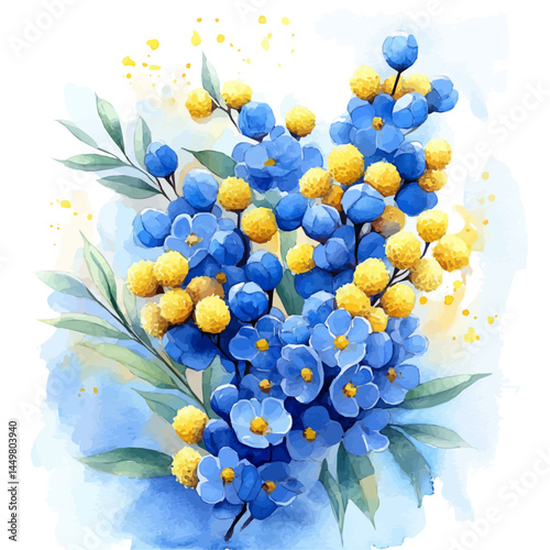 watercolor of Mimosa Branch Covered In Golden Pollen, vector, isolated on a white background.