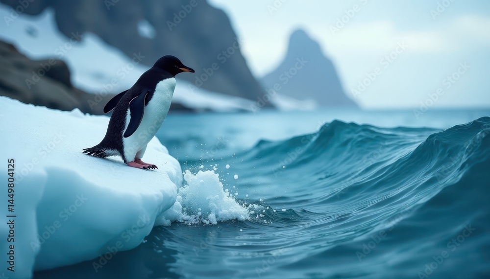 Fototapeta premium Adelie penguin leaps from iceberg into ocean waves , aquatic bird, iceberg jump