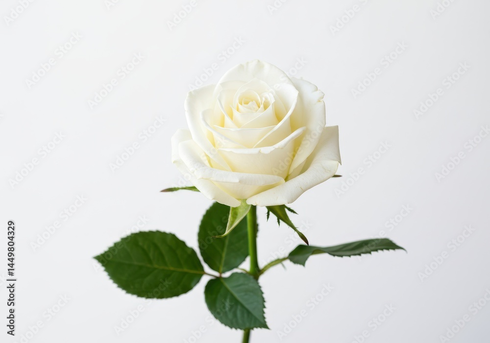 Fototapeta premium Elegant white rose with green leaves isolated against a clean, bright white background for a classic floral portrait