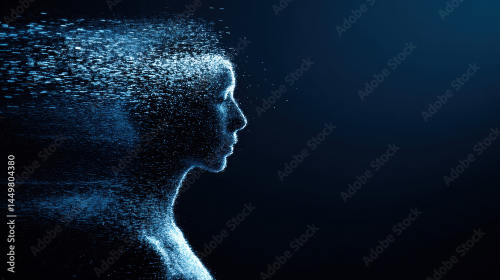 Blue Silhouette Face Dissolving into Particles a high-resolution, conceptual visual design ideal for use in digital media, stock content, or educational and marketing applications. Blue Silhouette Face Dissolving into Particles a high-resolution, conceptual visual design ideal for use in digital media, stock content, or educational and marketing applications.