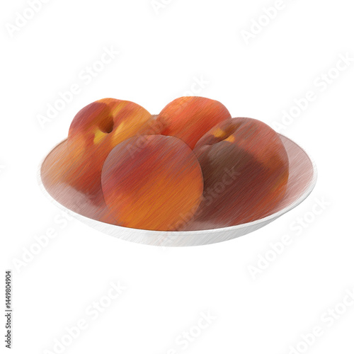 Peaches on a plate sketch isolated transparent background 3d rendering