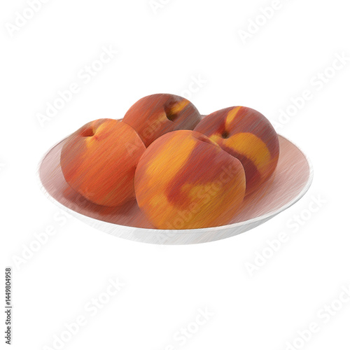 Peaches on a plate sketch isolated transparent background 3d rendering