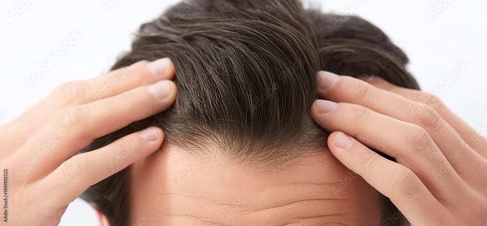 Fototapeta premium A man is massaging his head with both hands, showing signs of hair loss and thinning on the top