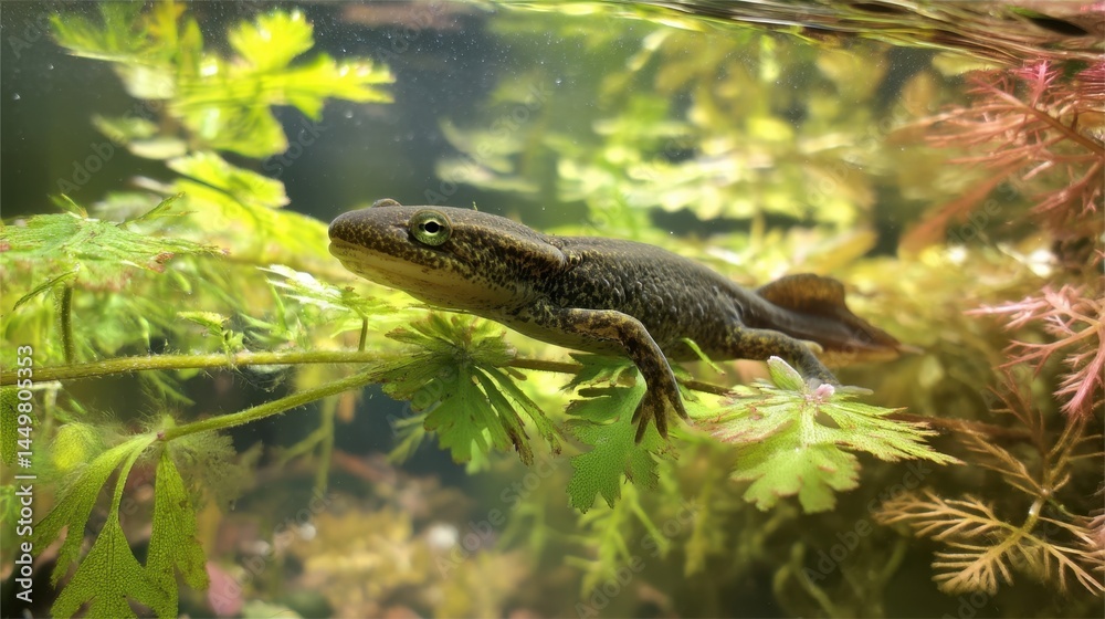 Naklejka premium Juvenile Smooth Newt (Lissotriton vulgaris) Resting on Aquatic Plants