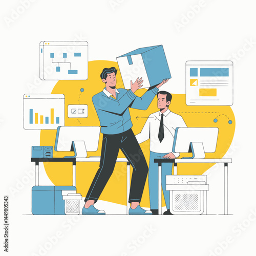 businessman carrying box flat design illustration on office background
