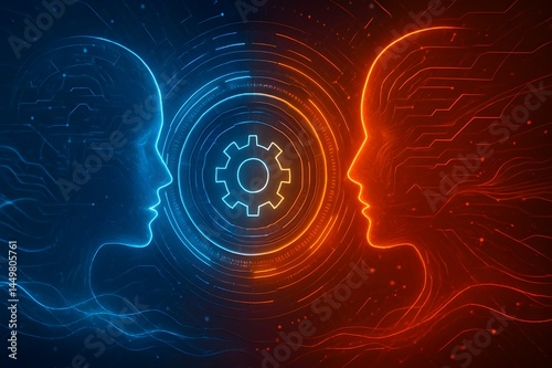 Futuristic Cybernetic Interface with Glowing Gear Icon, Neural Network, and Abstract Human Silhouette (technology, cybernetics, neural, interface, digital, futuristic, AI, network)

