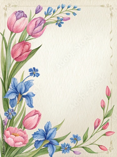 Vintage Floral Watercolor Letter Paper with Delicate Branch Frame and Soft Cream Background
