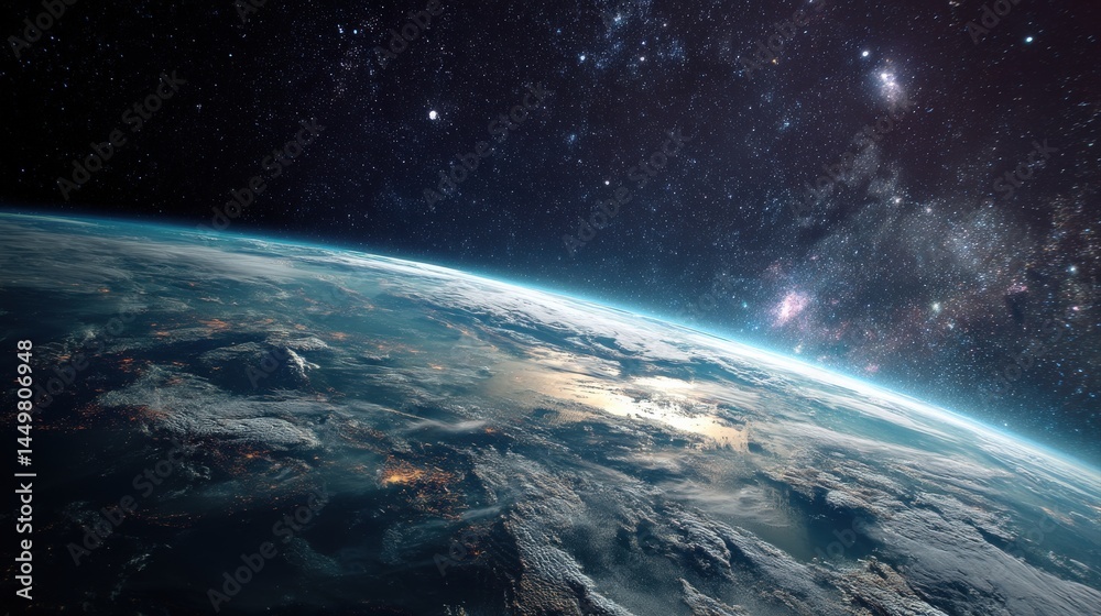 Fototapeta premium Stunning view of Earth from space, showcasing the planet's beauty and the vastness of the cosmos. A breathtaking spectacle of swirling clouds and twinkling stars.