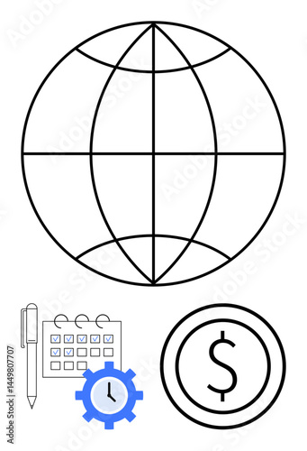 Globe with pen, calendar, gear with clock, and dollar coin highlights global planning, productivity, time optimization, and financial management. Ideal for business, economy global reach strategy