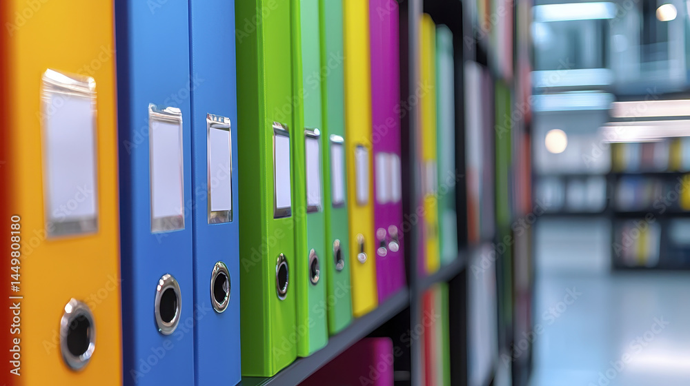Colorful binders arranged neatly on shelf create vibrant and organized workspace atmosphere Colorful binders arranged neatly on shelf create vibrant and organized workspace atmosphere