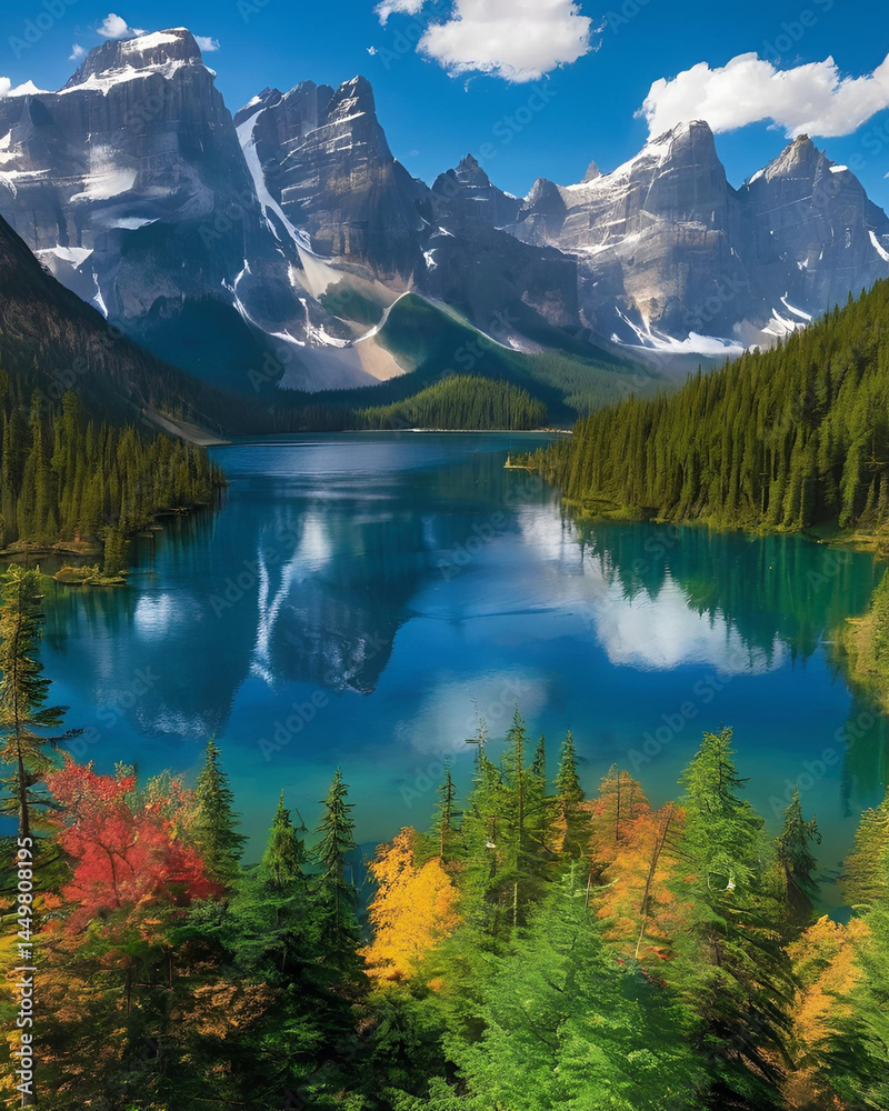 Obraz premium lake, mountain, trees, forest, water, nature, sky, outdoors, hills, green trees, blue water, calm lake, quiet place, peaceful, natural view, pretty scene, reflection, clear lake, tall trees, mountain 