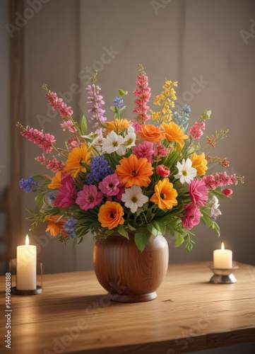 Wallpaper Mural Vibrant spring bouquet centerpiece, wooden table, warm lamp glow, decor, nature, home accessories Torontodigital.ca