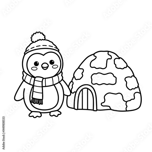 Penguin with hat and scarf standing next to an igloo  