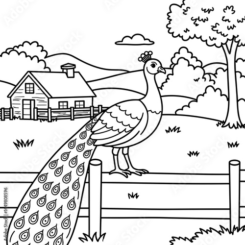Colorful peacock standing by a fence in a rural landscape  