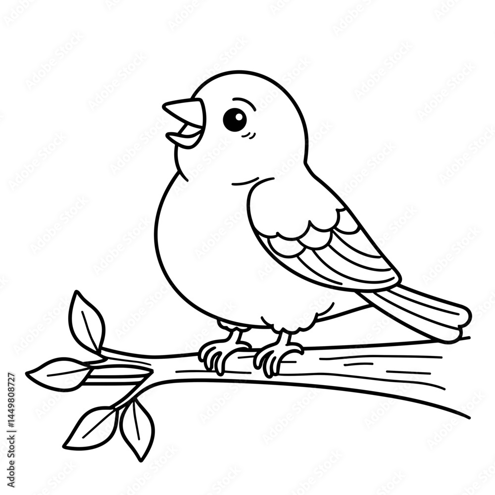 Obraz premium Happy bird singing on a branch in a coloring book illustration 