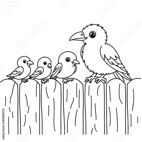 Birds and Chicks Coloring Page Illustration with Fence  