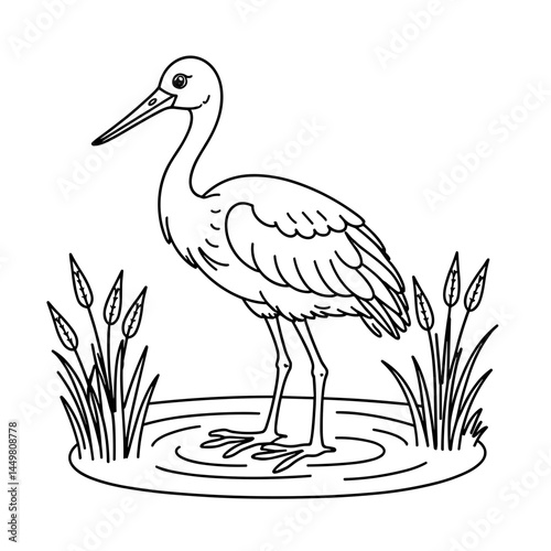 Stork standing in water surrounded by reeds in a coloring book style  