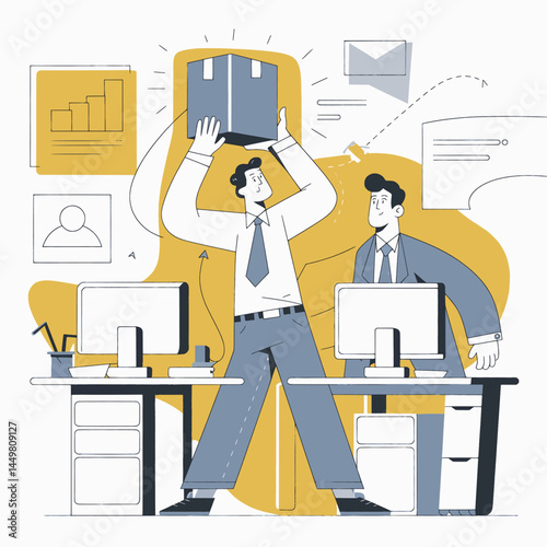 businessman carrying box into office flat design