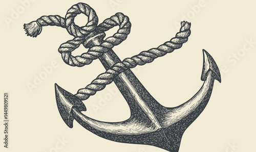 Vintage Ship Anchor with Rope in Hand-Drawn Engraving Style Illustration Vector