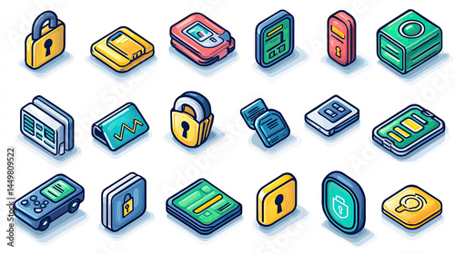 Colorful isometric icons of various digital security and payment devices