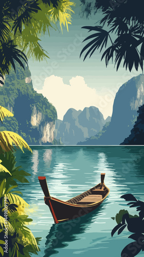 Vintage Art Deco Poster of Khao Sok National Park with Longtail Boat on Cheow Lan Lake, Thailand