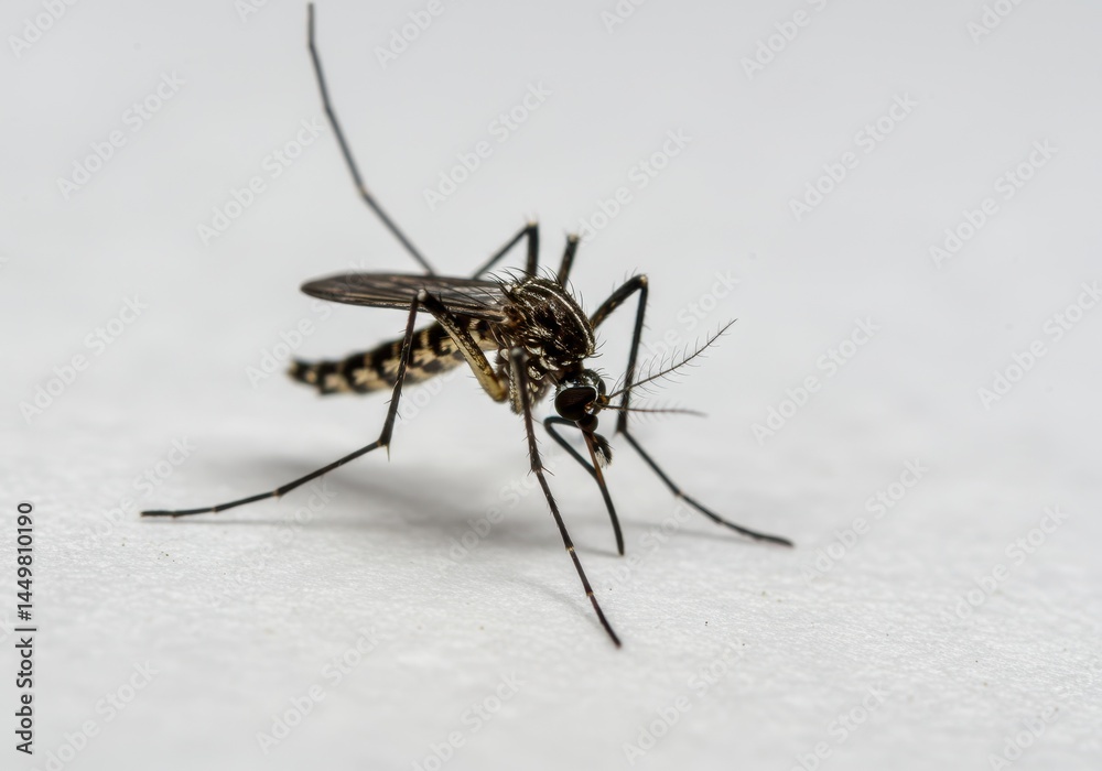 Aedes mosquito resting on a white surface in a close-up shot showing its distinctive markings and slender legs Aedes mosquito resting on a white surface in a close-up shot showing its distinctive markings and slender legs