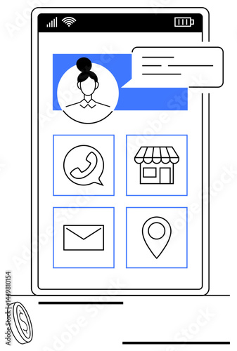 Smartphone screen showcasing user profile picture, chat bubble, and icons for call, store locator, email, and map. Ideal for communication, user interface, app design business e-commerce