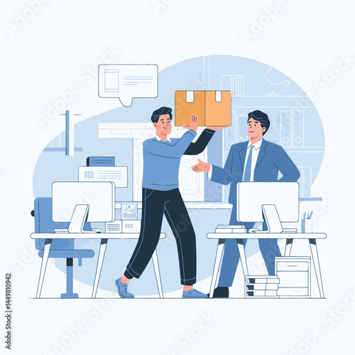 businessman carrying box into office illustration design