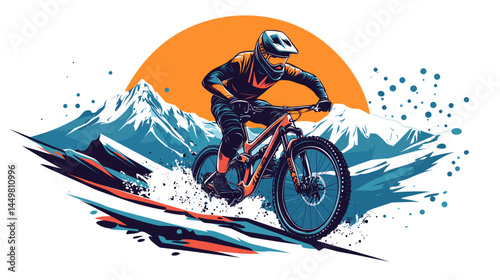vector design for t-shirt of A mountain biker in gear, riding down an alpine trail with mountains behind him., isolated on white, 2d clip art. Outdoors healthy lifestyle, sports activity.