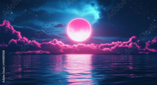 Space Landscape. Futuristic Neon Abstract: Dark Scene with Moonlight Reflection on Water Surface