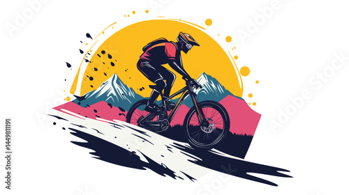 vector design for t-shirt of A mountain biker in gear, riding down an alpine trail with mountains behind him., isolated on white, 2d clip art. Outdoors healthy lifestyle, sports activity.