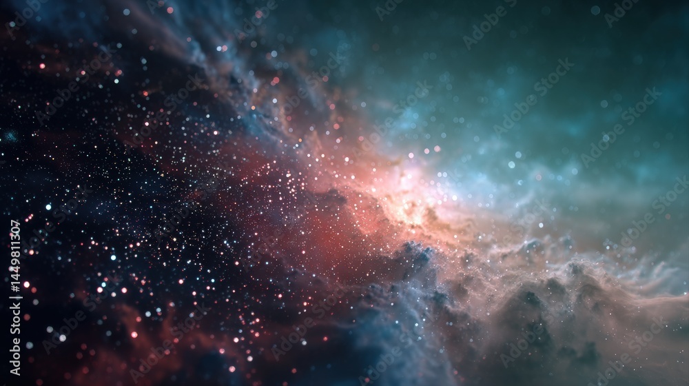 Naklejka premium A breathtaking view of a nebula, swirling clouds of gas and dust illuminated by distant stars. Shades of teal, orange, and deep blue create a mesmerizing cosmic landscape.