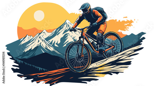 vector design for t-shirt of A mountain biker in gear, riding down an alpine trail with mountains behind him., isolated on white, 2d clip art. Outdoors healthy lifestyle, sports activity.